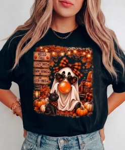 Hello Fall Ghost Shirt, Cute Pumpkin Black Cat Graphic Tee, Cozy Autumn Halloween Shirt for Women